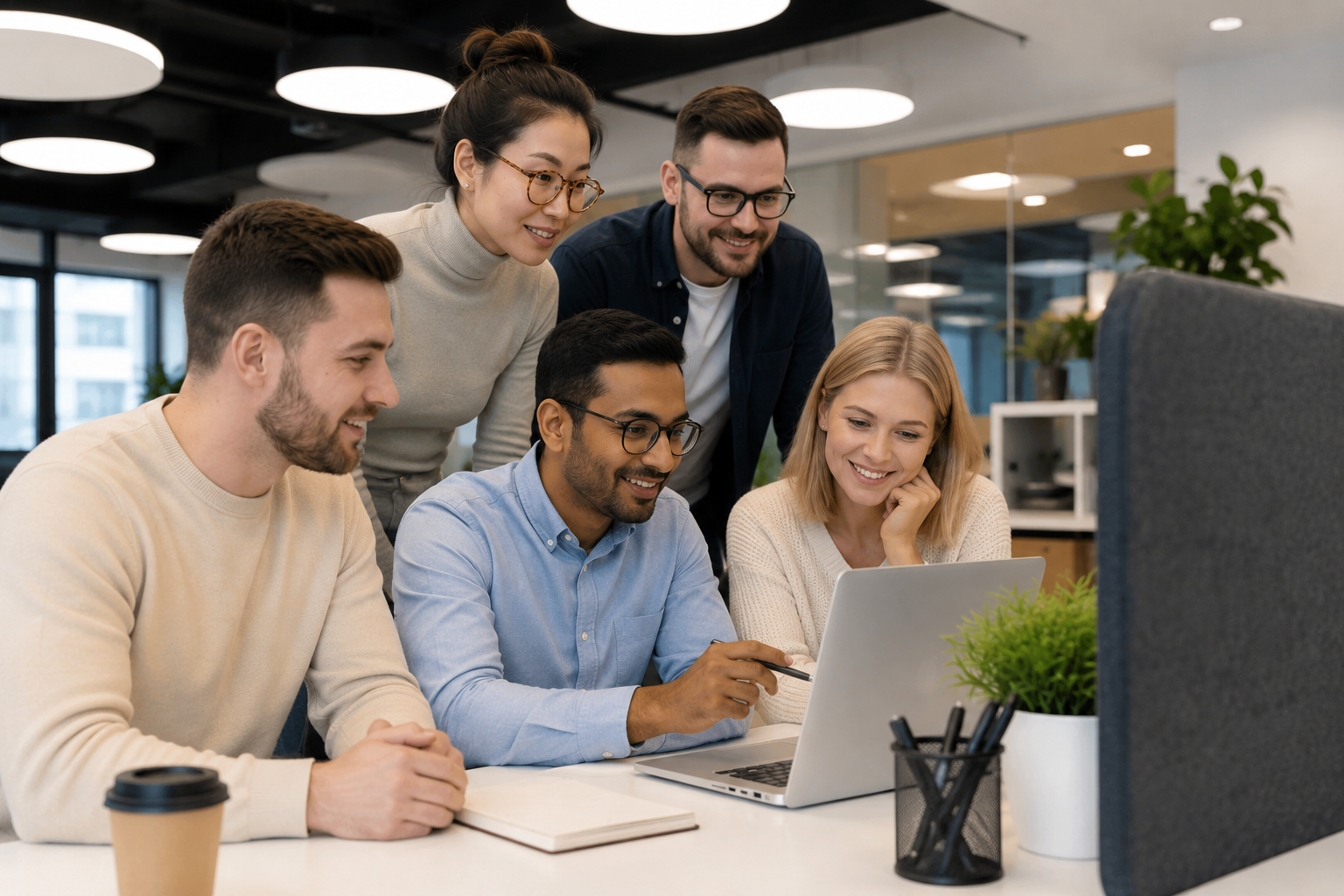 Team collaborating around a computer in an open office